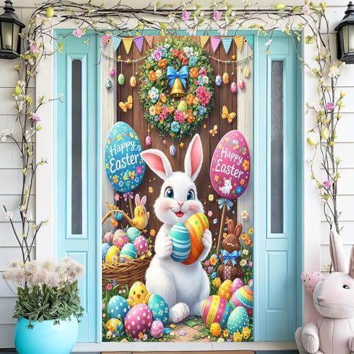 Happy Easter Bunny Door Banner, 30x75 Inch Large Outdoor Decoration with Colorful Easter Eggs, Bunting Flags and Spring Flowers, Vibrant Front Door Fence Easter Party Decor - color: multicolored#mf2602035