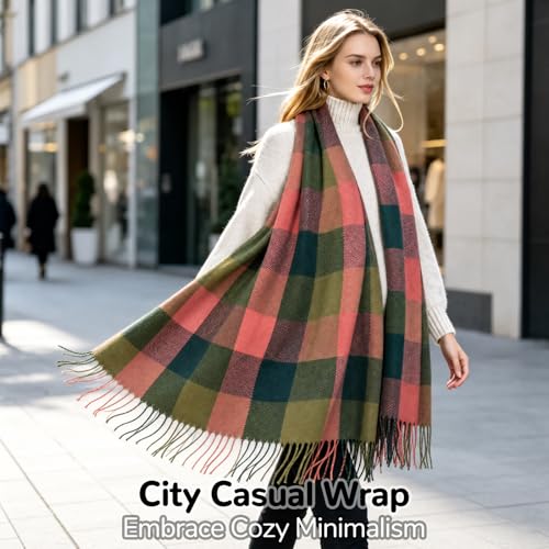 Loritta Winter Scarf for Women, Long Plaid Shawl Wraps Scarves Gifts - color: H- Red Green Lattice