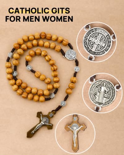 Wooden Rosary Beads, Rosarios Catolicos with Metal Cross for Men & Women - color: Pine Brown