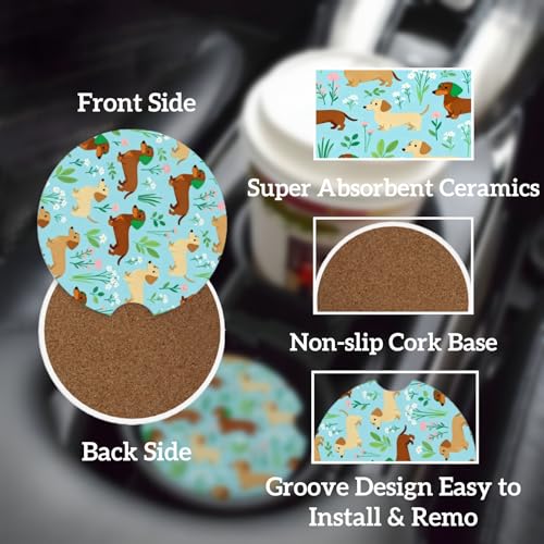 Ceramic Car Cup Coasters 2PCS - Lovely Wiener Dog - color: Lovely Wiener Dog