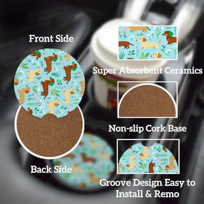 Ceramic Car Cup Coasters 2PCS - Lovely Wiener Dog - color: Lovely Wiener Dog