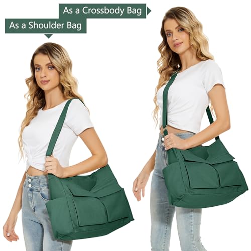 KALIDI Canvas Tote Bag Zipper Large Crossbody Shoulder Bag Messenger Bag - color: Upgraded Dark Green