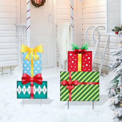 Christmas Yard Sign Decorations Outdoor Christmas Four Gift Boxes Yard Signs with Metal Stakes for Xmas Holiday Party Lawn Sign Garden Decor Outdoor Yard Signs - style: Gift boxes