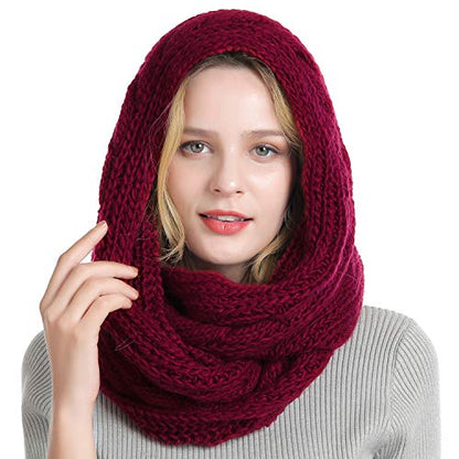 Winter Women Thick Cable Knit Ribbed Infinity Circle Loop Scarf - color: 22- Burgundy Beanie and Scarf Set