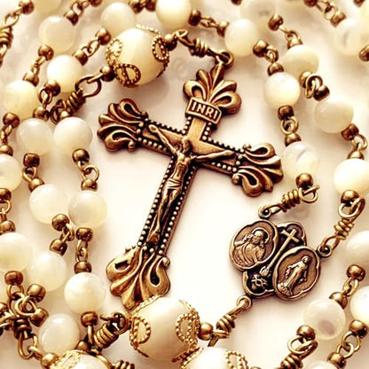 elegantmedical HANDMADE COPPER CATHOLIC ROSARY Moonlight Mother of Pearl Beads necklace Crucifix Cross gift box Gift