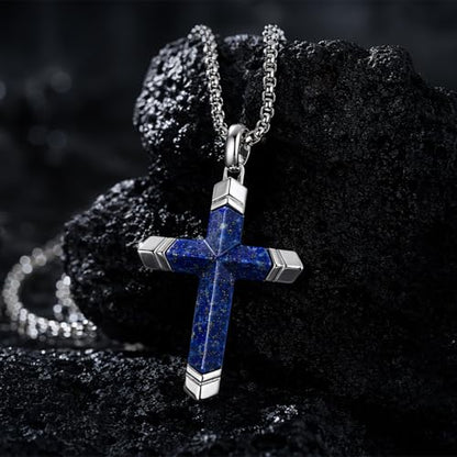 Lapis Lazuli/Amethyst Cross Necklace for Men Waterproof and Sweat-Resistant Suitable for both men and women With Adjustable Box Chain Christian Jewelry Father Day Gifts for Men - color: Blue&Silver