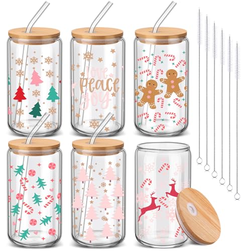 SiliFine 6 Pcs Christmas Glass Cups, 16 oz with Lids and Straws - style: Reindeer