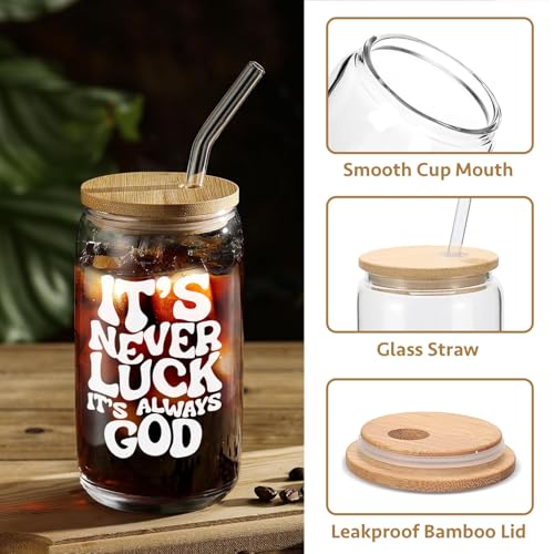Mikopei Christian Gifts for Women, Faith Glass Cup with Lid and Straw 16 oz