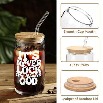 Mikopei Christian Gifts for Women, Faith Glass Cup with Lid and Straw 16 oz
