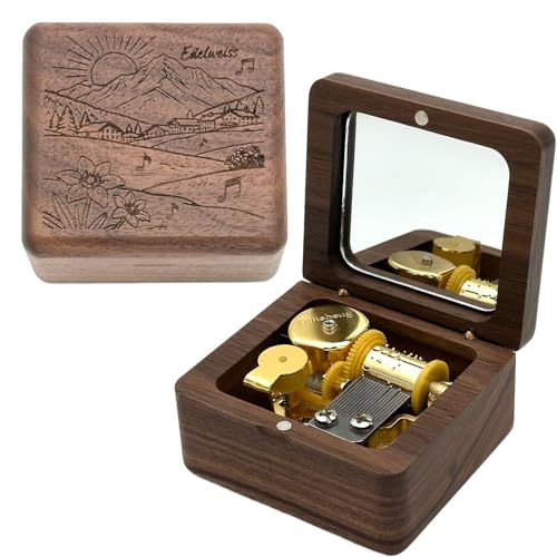 Vintage Engraved Luxury Walnut Wood Wind Up Music Box Play Edelweiss - color: Edelweiss