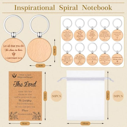 Siifert 50 Sets Christian Gifts Set Include Wooden Bible Verse Keychain Inspirational Scripture Cards with Bible Verses and White Organza Bags for Men Women Office School Church Supplies (Round)
