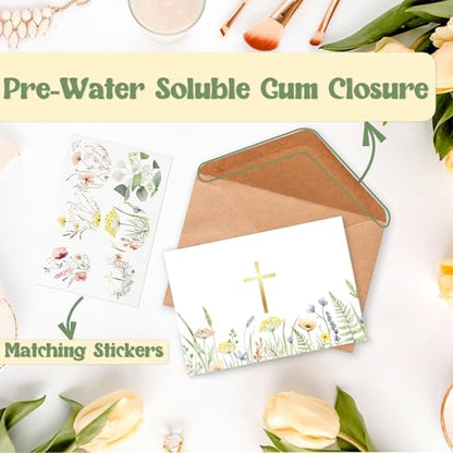 24 Pack Religious Blank Cards with Envelopes & Stickers, 4 x 6 in Watercolor Gold Foil Cross Cards Blank Inside for Baptism, First Communion, Confirmations, Wedding, Baby Shower(12 Designs)