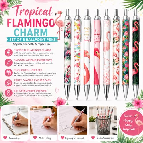 8PC Flamingo Pens Cute Floral Tropical Summer Beach Whimsical Funny Work Pen Flamingos Themed Luau Party Favors Supplies Desk Accessories Stationery Set Gifts For Adult Women Teachers Animal Lovers - style: Flamingo