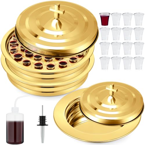 Zhehao 3 Pcs Communion Tray Set for Church, Tray & Plates with Lids, Gold - size: Gold