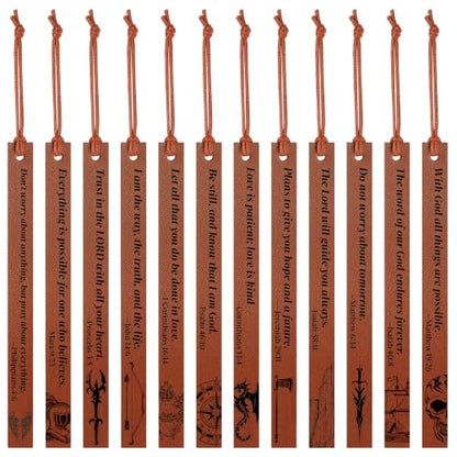 12 Pcs Leather Bible Bookmarks for Men with Scripture Verses, 6 Inch - color: Brown