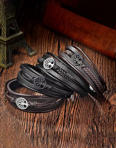 YL Mens Cross Viking Celtic Ankh Odin Compass Life Tree Leather Bracelet, 18K Gold/Black Rhodium Stainless Steel Christian Religious Protection Talisman Brown Cuff Handcrafted Jewelry Gifts - color: Black Rhodium-Life Tree-Black, size: 8.3"(210mm)