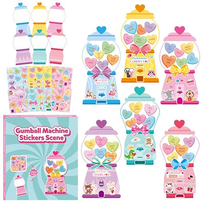CY2SIDE Valentines Gumball Machine Stickers - 12 Sets of Valentine’s Day Conversation Heart Sticker Art Craft for Kids School Activities Make A Bubble Gum Machine Scene with Heart Bear Party Favors - style: Bubble gum machine