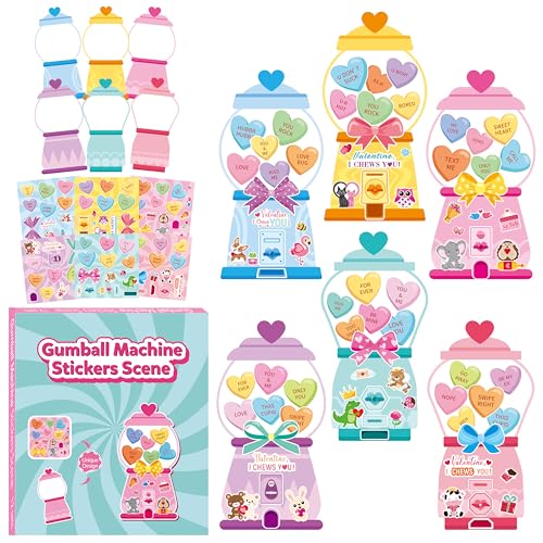 CY2SIDE Valentines Gumball Machine Stickers - 12 Sets of Valentine’s Day Conversation Heart Sticker Art Craft for Kids School Activities Make A Bubble Gum Machine Scene with Heart Bear Party Favors - style: Bubble gum machine