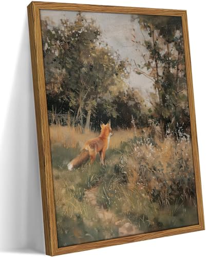 Framed Vintage Fox Wall Art, Cottagecore Fox in Forest Pictures Wall Decor Painting,Woodland Animal Canvas Prints Farmhouse Home Decor for Living Room Nursery Cabin Decor-16×24inch - color: Fox, size: 24"L x 16"W