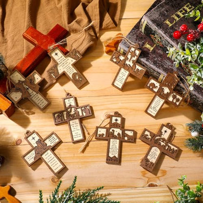 Seeloowy 24 Pcs Christmas Wooden Nativity Scene Cross Ornaments for Tree