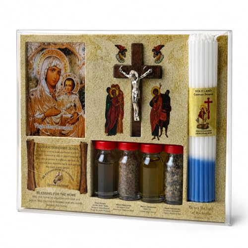 Holy Land Blessing for the Home Gift Set - Jerusalem Icon, Crucifix, Altar Candles, Sacred Soil, Water, Olive Oil & Incense (Our Lady of Jerusalem)