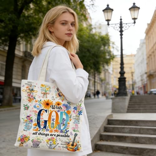 Canvas Tote Bags Reusable Shopping Bag for Women with Zippered Inner Pocket Magnetic Snap Closure - color: God