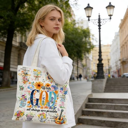 Canvas Tote Bags Reusable Shopping Bag for Women with Zippered Inner Pocket Magnetic Snap Closure - color: God