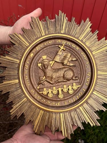 Jara's Petite Paradise Agnus Dei Christian Oak Wood Wall Art, Handcrafted Scripture Wall Art, Handmade Religious Easter Decor Lamb of God & Good Shepherd Wooden Icon (Walnut with gold, 12x12 inches) - color: Walnut with gold