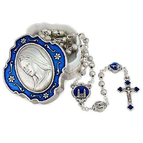 Catholic Rosary Beads with Metal Keepsake Gift Box Set - color: Medjugorje Blue