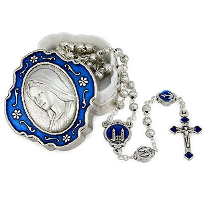 Catholic Rosary Beads with Metal Keepsake Gift Box Set - color: Medjugorje Blue