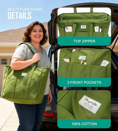 Bagelite Extra Large Canvas Tote Bag for Women Men, Utility Work Bags with Zipper - color: Olive