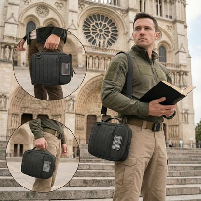 Tactical Bible Cover for Men, Large Bible Case with Shoulder Strap & US Flag Patch, Water Resistant Bible Carrier Bag with Handle, Multi Pockets for Church Study & Travel（Black） - color: Black