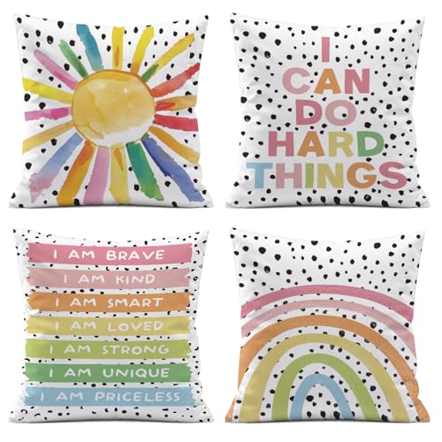 Boho Classroom Decorative Pillow Covers,Inspirational Colourful Sun Rainbow Throw Pillow Covers Decor for Nursery Playroom Living Room Kids Bedroom,18x18 Inch Pillowcase Set of 4 - color: I Can Do Hard Things
