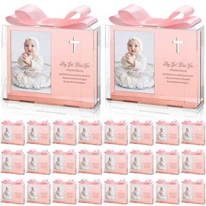 Vercraft 24 Set Baptism Picture Frame 3.5 x 5 Acrylic Baby Shower Baptism Favor Christening Gifts for Boy Girl with Plastic Crystal Boxes and Satin Ribbon Bows for Religious First Communion(Rose Gold) - color: Rose Gold