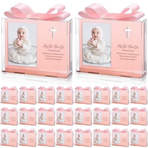 Vercraft 24 Set Baptism Picture Frame 3.5 x 5 Acrylic Baby Shower Baptism Favor Christening Gifts for Boy Girl with Plastic Crystal Boxes and Satin Ribbon Bows for Religious First Communion(Rose Gold) - color: Rose Gold