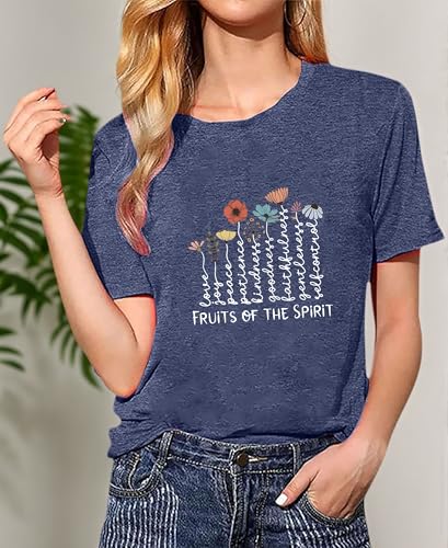 Women's Christian Shirt Fruit of The Holy Spirit Flower T-Shirt Inspirational Bible Text Top - color: Z-q6013-blue, size: X-Large