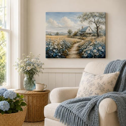 Farmhouse Landscape Framed Canvas Wall Art Wildflower Picture 12x16 Inches - color: Farmhouse Landscape, size: 16"L x 12"W