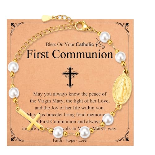 Catholic Gifts for Women Girls, Rosary Beads Virgin Mary Cross Bracelet - color: First Communion