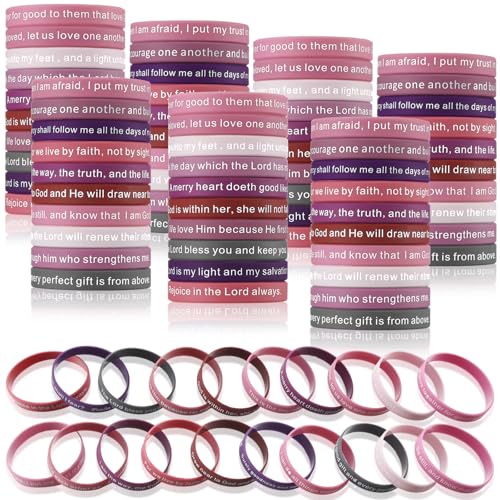 Estune 120 Pcs Bible Verses Bracelets Motivational Quote Rubber Wristbands Christian Religious Silicone Bracelet Inspirational Silicone Wristbands for Unisex Men Women Party (Pink Color) - color: Pink Color