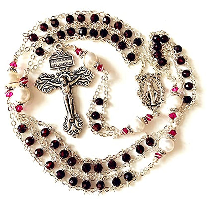 elegantmedical handmade Gold Ladder to Heaven Garnet Beads Catholic Rosary crucifix Necklace box - color: silver