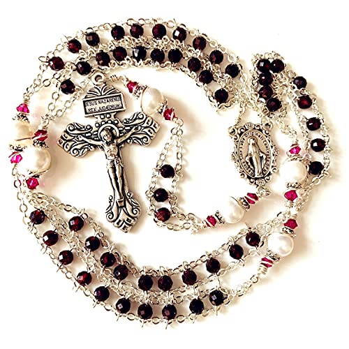 elegantmedical handmade Gold Ladder to Heaven Garnet Beads Catholic Rosary crucifix Necklace box - color: silver