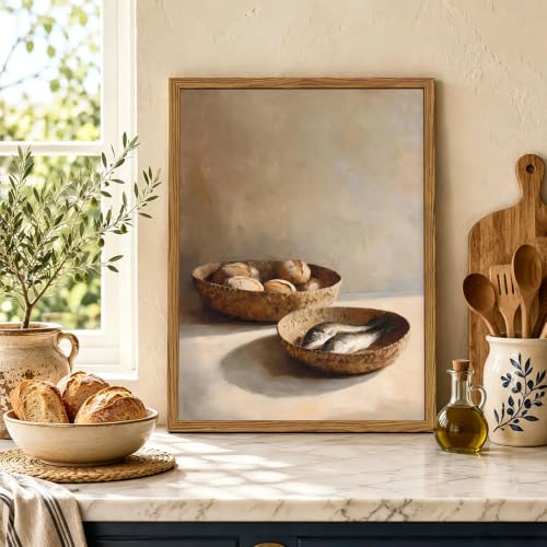 Framed Christian Five Loaves and Two Fish Wall Art, Vintage Kitchen Pictures Wall Decor, Rustic Bible Food Paintings Canvas Prints Religious Home Decor for Living Room Dining Room 16x24 inch - color: Christian Kitchen, size: 24"L x 16"W