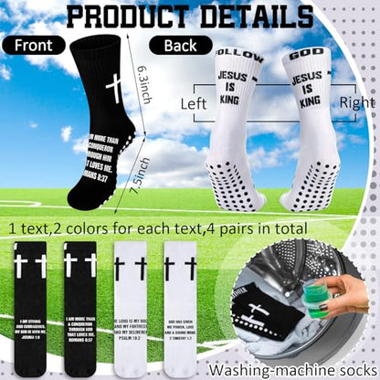 4 Pairs Cross Grip Soccer Socks, Us Size 6-12 - color: Black, White, style: Bible Verse