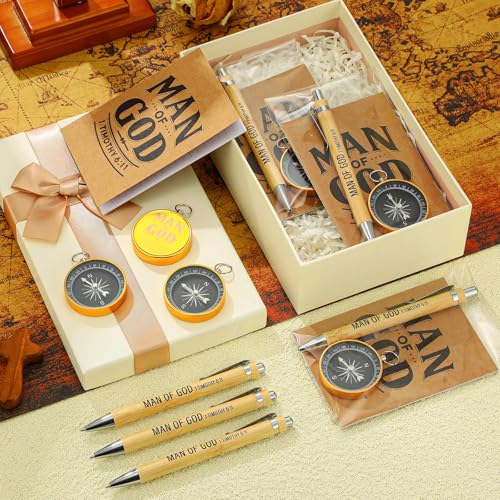 Chiisong 25 Set Christmas Man of God Gifts Include 25 Christian Mini Compass 25 Religious Notebooks 25 Bamboo Ballpoint Pens for Man Christmas Pastors Church Travel Party Favors(25 Sets,Black, Gold) - color: Black, Gold