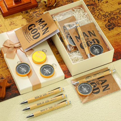 Chiisong 25 Set Christmas Man of God Gifts Include 25 Christian Mini Compass 25 Religious Notebooks 25 Bamboo Ballpoint Pens for Man Christmas Pastors Church Travel Party Favors(25 Sets,Black, Gold) - color: Black, Gold