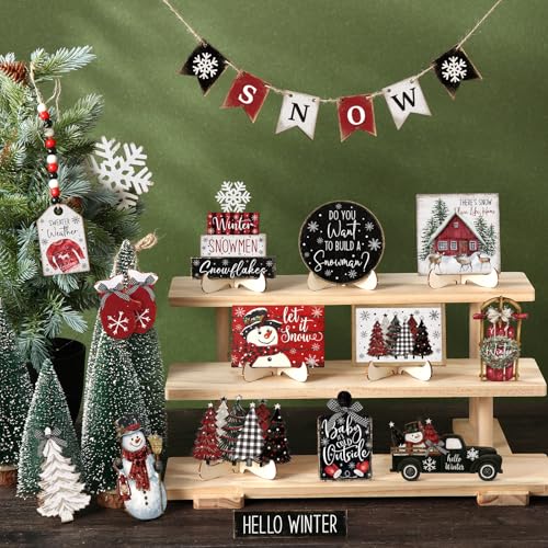 Vercraft Christmas Tiered Tray Decor Xmas Wooden Table Decor, Buffalo - style: Winter Buffalo Plaid