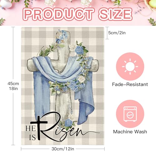 Artscope He Is Risen Easter Garden Flag 12x18 Inch Double Sided for Outside, Christian Cross Wreath Sign Garden Flag for Holiday Yard Outdoor Decoration