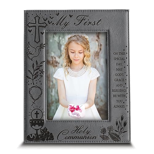 BELLA BUSTA- My First Holy Communion Picture frame-Cross and Chalice, Religion, Christian Traditions Occasion-Engraved Photo Frame (5x7 Vertical (Gray)) - size: 5x7 Vertical (Gray)