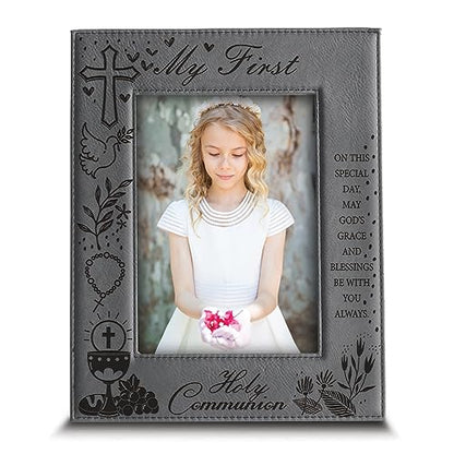 BELLA BUSTA- My First Holy Communion Picture frame-Cross and Chalice, Religion, Christian Traditions Occasion-Engraved Photo Frame (5x7 Vertical (Gray)) - size: 5x7 Vertical (Gray)