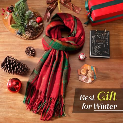 Clothirily Womens Winter Scarf, Oversized Long Blanket Plaid Shawl Wrap - color: Red & Green Plaid